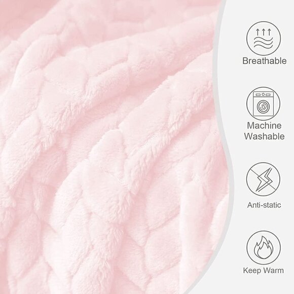 Baby Pink Knit Jacquard Weave Pattern Decorative Warm Flannel Couch Cozy Blanket - Picture 4 of 16